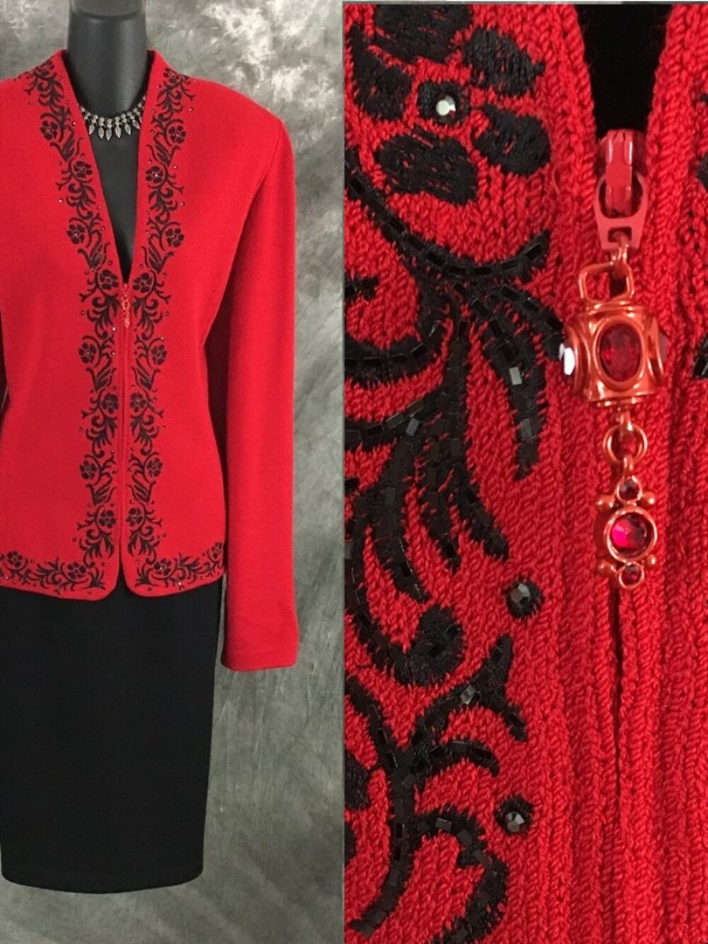 BEAUTIFUL St John evening knit red black rhinestone embellished skirt suit 16